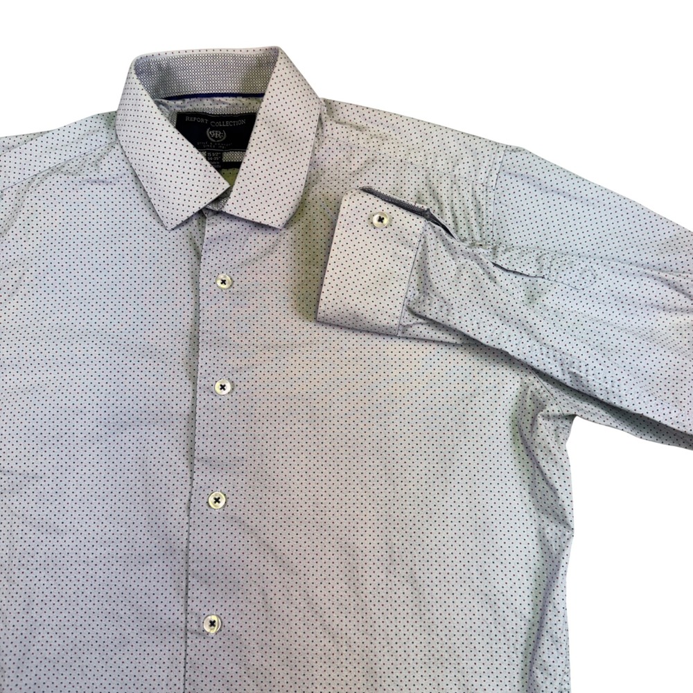 Report Collection Mens Modern Fit Button Down Shirt White Micro Dot 15.5 34-35